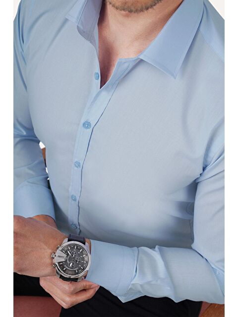Etikmen Kolay Ütülenebilir Dakron Düz Mavi Slimfit Erkek Gömlek - S000120893-17234