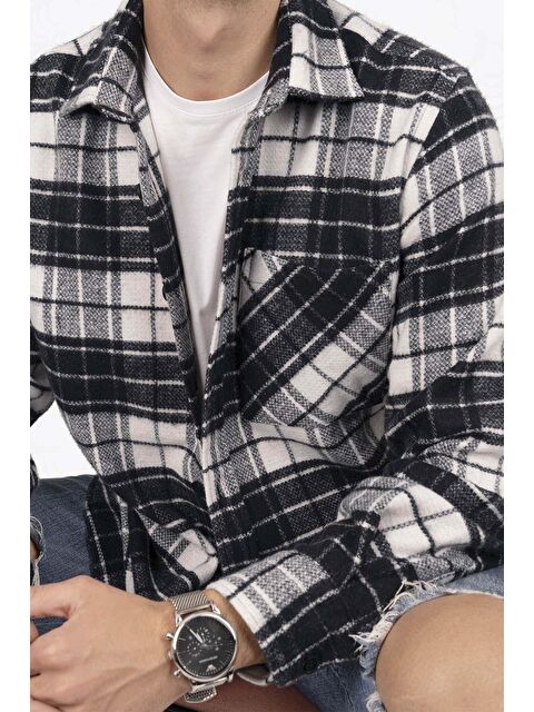 Etikmen Siyah Beyaz Geçişli Oversize (Geniş Kalıp) Kalın %100 Pamuk Erkek Oduncu Gömlek - S000120130-37424