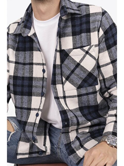 Etikmen Lacivert Beyaz Geçişli Oversize (Geniş Kalıp) Kalın %100 Pamuk Erkek Oduncu Gömlek - S000120130-37341