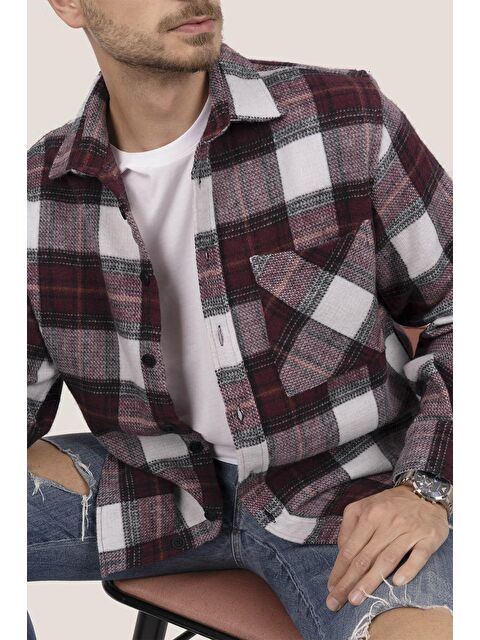 Etikmen Kiraz Beyaz Geçişli Oversize (Geniş Kalıp) Kalın %100 Pamuk Erkek Oduncu Gömlek - S000120130-37325