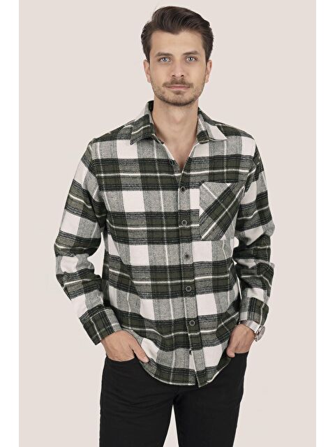 Etikmen Yeşil Beyaz Geçişli Oversize (Geniş Kalıp) Kalın %100 Pamuk Erkek Oduncu Gömlek - S000120130-37467