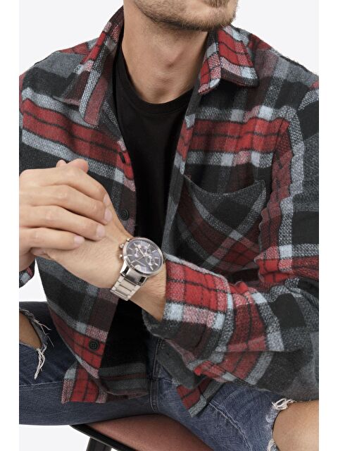 Etikmen Dağ Grisi Kırmızı Çizgili Oversize (Geniş Kalıp) Kalın %100 Pamuk Erkek Oduncu Gömlek - S000120135-37280