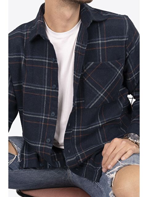 Etikmen Lacivert Mavi Çizgili Oversize (Geniş Kalıp) Kalın %100 Pamuk Erkek Oduncu Gömlek - S000120135-37350