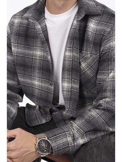 Etikmen Gri Beyaz Geçişli Oversize (Geniş Kalıp) Kalın %100 Pamuk Erkek Oduncu Gömlek - S000121521-37276