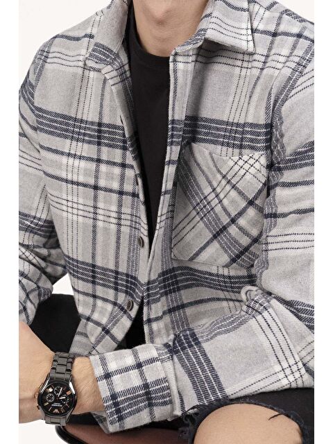 Etikmen Gri Lacivert Oversize (Geniş Kalıp) Kalın %100 Pamuk Erkek Oduncu Gömlek - S000120886-37281