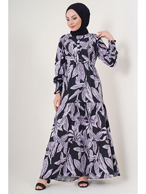 Bigdart 2145 Desenli Tesettür Elbise - D. Siyah - S000089482-19351