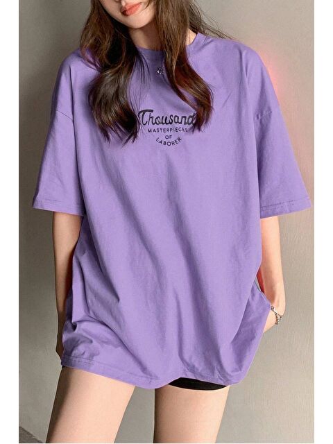 Trendseninle Kadın Mor Bisiklet Yaka Thousand Baskılı Oversize T Shirt - S000368268-20042