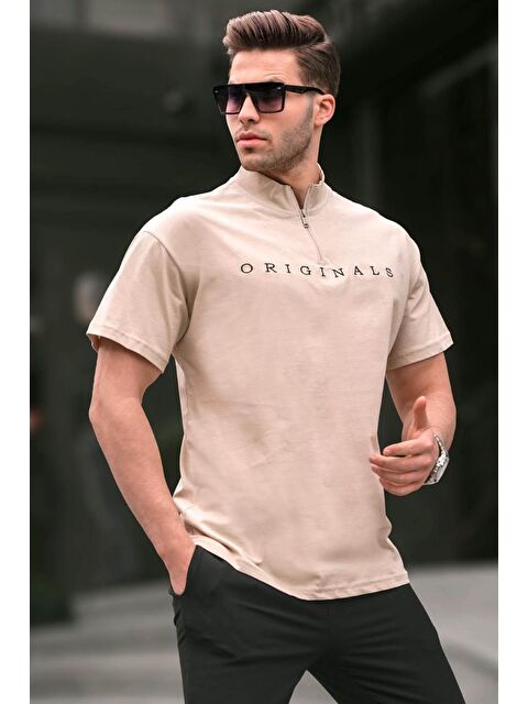 Madmext Bej Fermuar Yaka Erkek %100 Pamuk Tişört 5858 - S000015947-19928