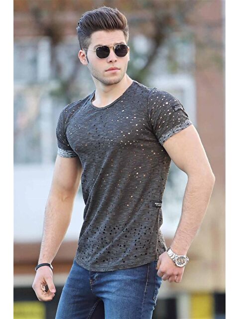 Madmext Lazer Kesim Yırtık Füme %100 Pamuk Tişört 2468 - S000039704-33408