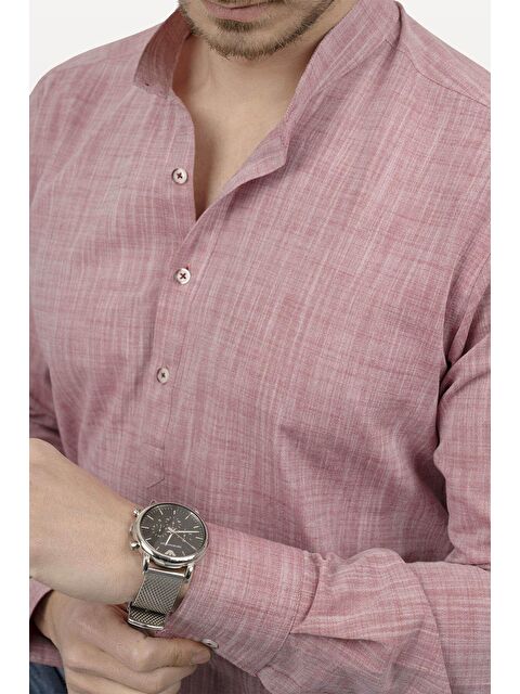 Etikmen Açık Vişne Hakim Yaka Keten Üç Düğmeli Slimfit Erkek %100 Pamuk Gömlek - S000120802-20043