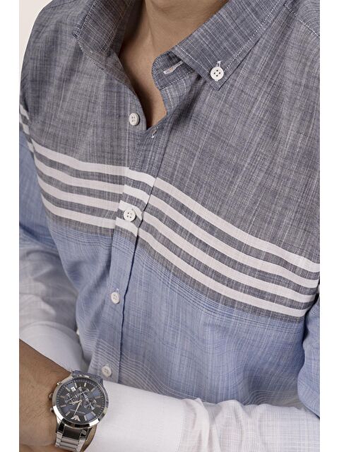 Etikmen Panolu Gri Mavi Slimfit Keten Erkek %100 Pamuk Gömlek - S000120667-37282
