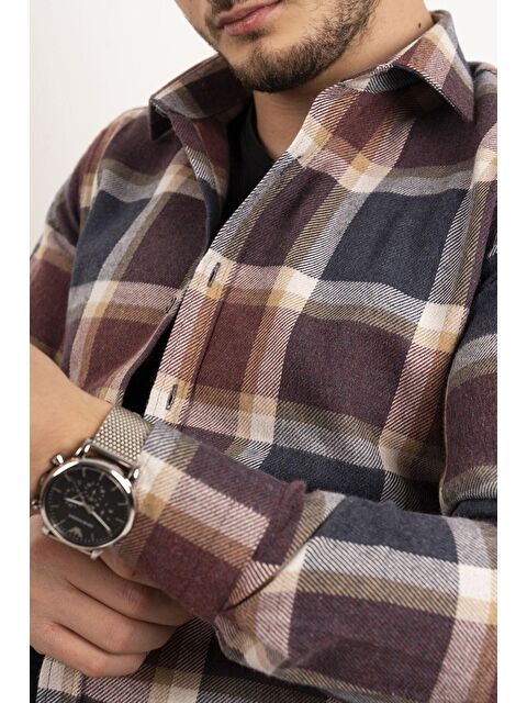 Etikmen Lacivert Bordo Desenli %100 Pamuk Erkek Oduncu Gömlek - S000121516-37342