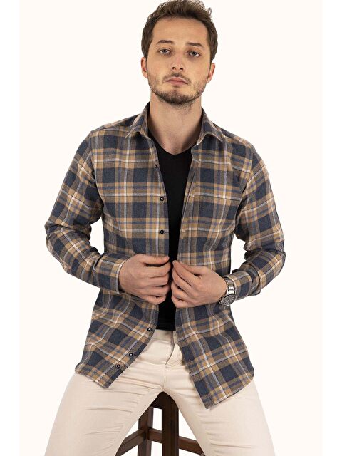 Etikmen Hardal Lacivert Slimfit %100 Pamuk Erkek Oduncu Gömlek - S000121516-37311