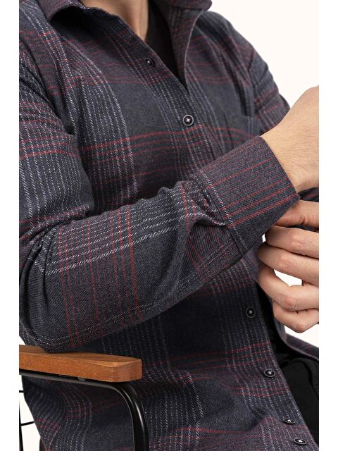 Etikmen Lacivert Kırmızı Çizgili Slimfit %100 Pamuk Erkek Oduncu Gömlek - S000120489-37349