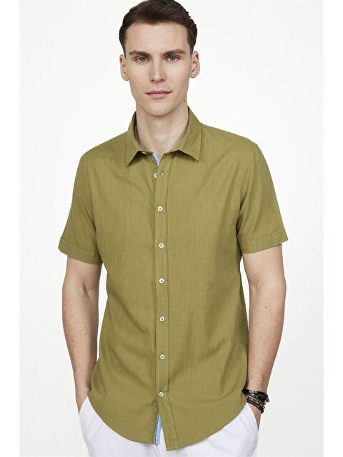 TUDORS Slim Fit Kısa Kol Cepli Biyeli Flam Pamuk Haki Gömlek