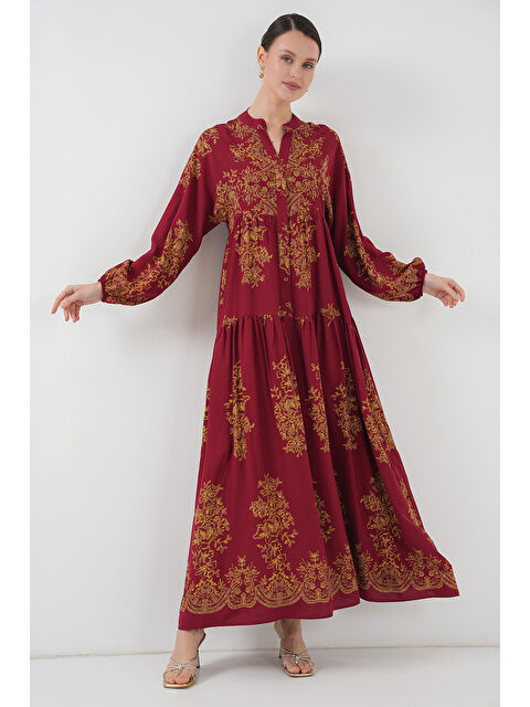 Bigdart Bordo Gold Desenli Tesettür Elbise 2423 - S000273939-37328
