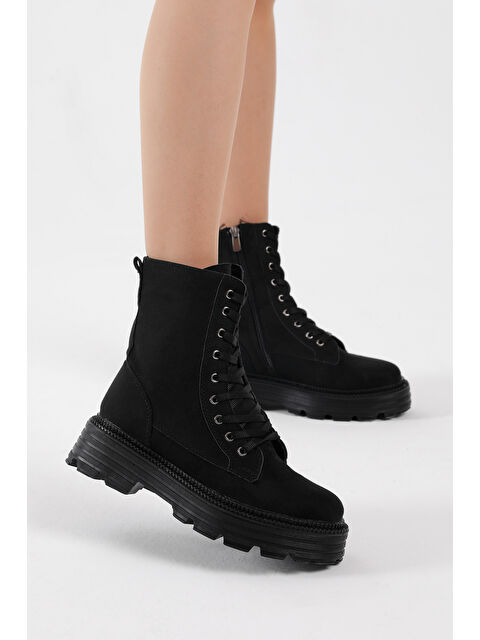 TONNY BLACK Kadın Siyah Süet Poli Taban Rahat Kalıp Bağcıklı Bot - S000051470-19351