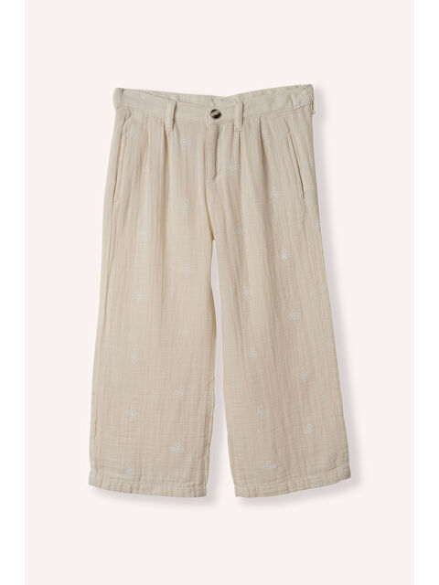 Panço Kız Çocuk Etnik Nakışlı Müslin Bej Pantolon - S000447125-19928