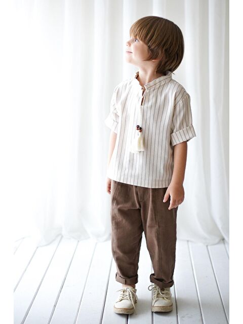 Catz Kids Kahve Vera Keten Dikişli Carrot Pantolon + Krem Kahve Çizgili Keten İpli Gömlek - S000126596-37207