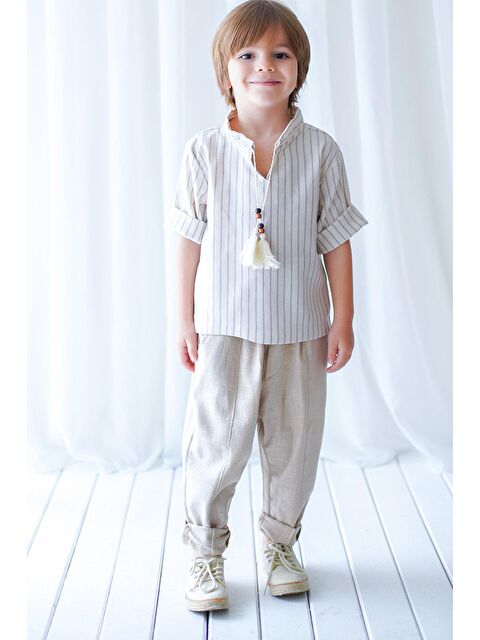 Catz Kids Vizon Vera Keten Dikişli Carrot Pantolon + Krem Kahve Çizgili Keten İpli Gömlek - S000126596-5173