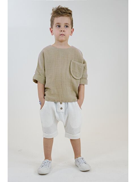 Catz Kids Ekru Müslin Harem Şort + Vizon Müslin Arkadan Düğmeli Gömlek - S000219097-37264