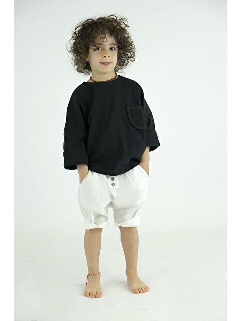 Catz Kids Ekru Müslin Harem Şort + Siyah Müslin Arkadan Düğmeli Gömlek - S000219097-5406