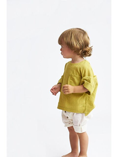 Catz Kids Ekru Müslin Harem Şort + Yağ Yeşili Şile Bezi Arkadan Düğmeli Gömlek - S000219097-5409