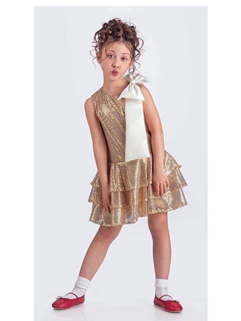 Mnk Baby & Kids Yaka Fiyonk Pul Payet Kumaşlı Kız Çocuk Abiye Elbise M00702 - S000389043-20076