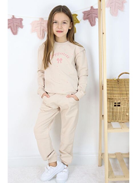 Breeze Kız Çocuk Eşofman Takım Mutluluk Temalı Puantiye Desenli Bej (4-7 Yaş) - S000355940-19928