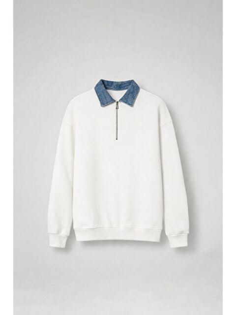Abluka Online Erkek Denim Polo Yaka Yarım Fermuarlı Oversize Sweatshirt Beyaz - S000481745-20063