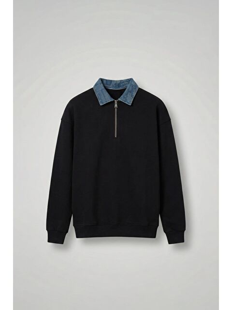 Abluka Online Erkek Denim Polo Yaka Yarım Fermuarlı Oversize Sweatshirt Siyah - S000481745-19351