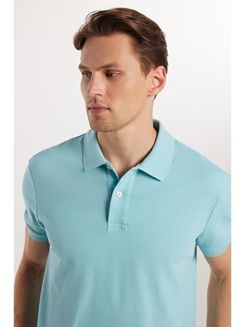 TUDORS Erkek Slim Fit Dar Kesim %100 Pamuk Mavi Polo Yaka Tişört