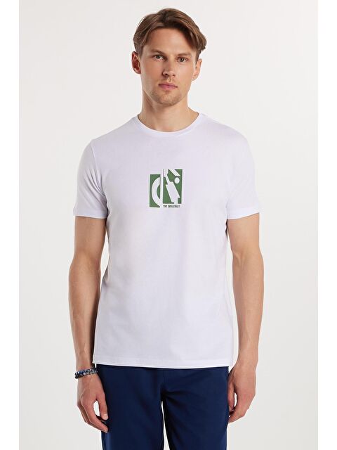 TUDORS Erkek Slim Fit Dar Kesim %100 Pamuk Yumuşak Dokulu Baskılı Beyaz Bisiklet Yaka Tişört - S000367534-20063