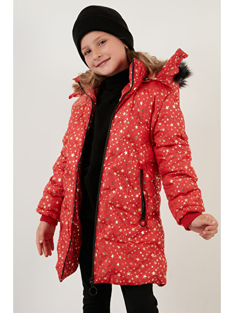 Lela Yakası Suni Kürklü Yıldız Desenli Çıkarılabilir Kapüşonlu Peluş Astarlı Kışlık Mont 5760050 - S000000681-20045