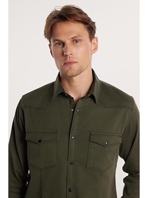 TUDORS Slim Fit Uzun Kollu Gündelik Denim Jean Unisex Haki Gömlek - S000243676-18547