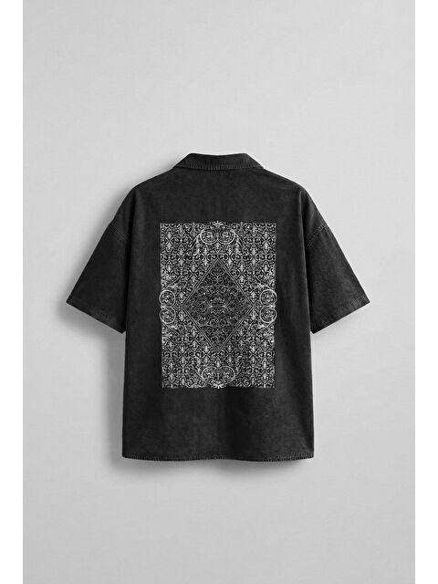 Abluka Online Erkek Kısa Kollu Desen Baskılı Yıkamalı Oversize Gömlek Siyah - S000365691-19351