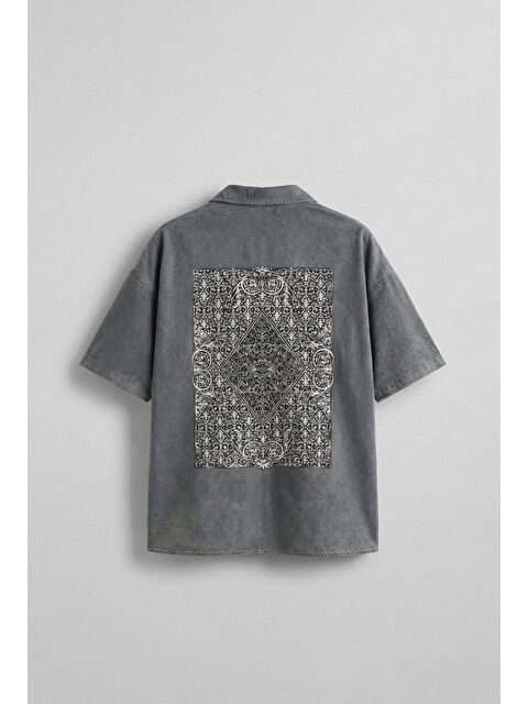 Abluka Online Erkek Kısa Kollu Desen Baskılı Yıkamalı Oversize Gömlek Gri - S000365691-20600