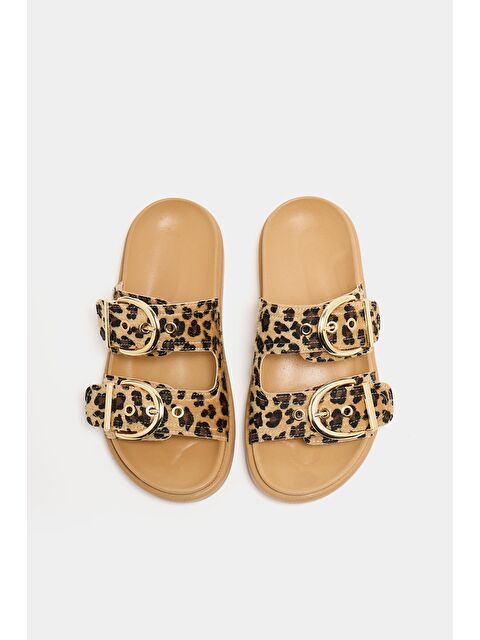 MADAMRA Çift Tokalı Günlük Terlik Leopar Vizon - S000452265-5199
