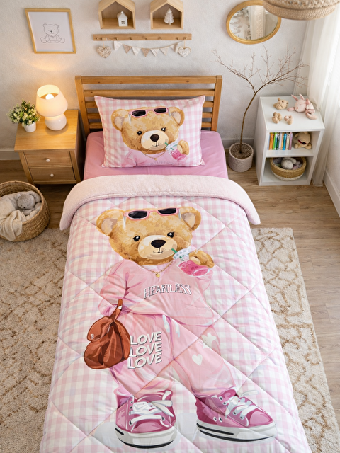 Evmila Tek Kişilik Teddy Desen 160x220 Cm Welsoft Çift Taraflı Silikon Yorgan Ve Uyku Seti