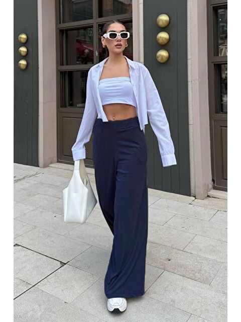 Madmext Lacivert Yüksek Bel Rahat Kesim Geniş Paça Kadın Pantolon Mg2309 - S000346037-21164