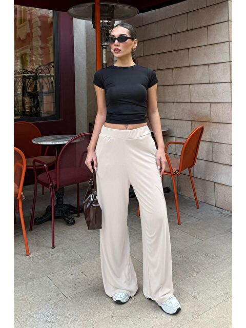 Madmext Ekru Yüksek Bel Rahat Kesim Geniş Paça Kadın Pantolon Mg2309 - S000346037-19965