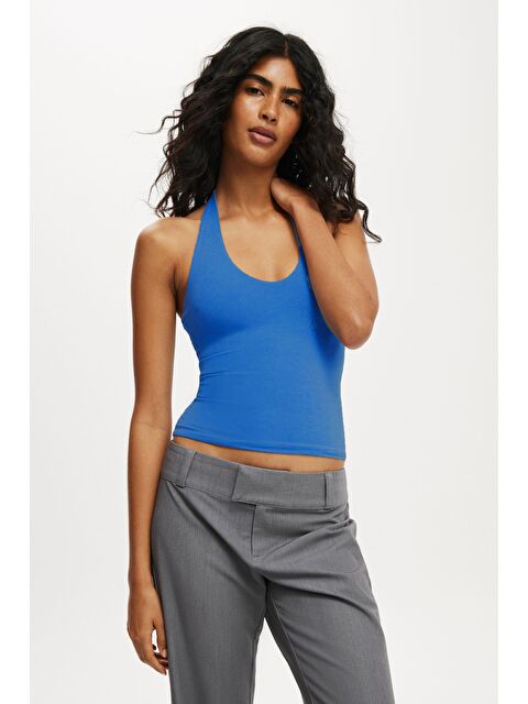 Madmext Mavi Halter Yaka Boyun Askılı Crop Top Mg2456