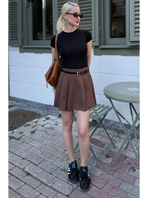 Madmext Kahverengi Pileli Kadın Mini Şort Etek Mg2402 - S000424636-19413