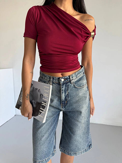 Hazelin Kadın Bordo Asimetrik Drapelim Omuz Aksesuarlı Sandy Bluz HZL25S-FRY123231 - S000425456-19951
