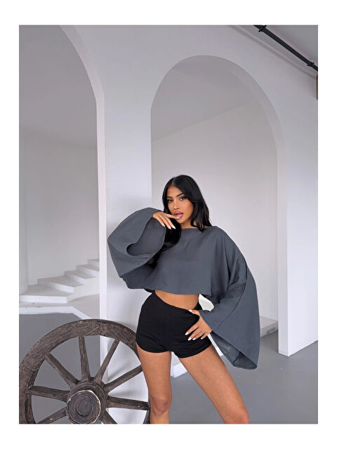 Hazelin Kadın Antrasit Panço Model Müslin Bluz HZL25S-DSB16161 - S000368393-29666