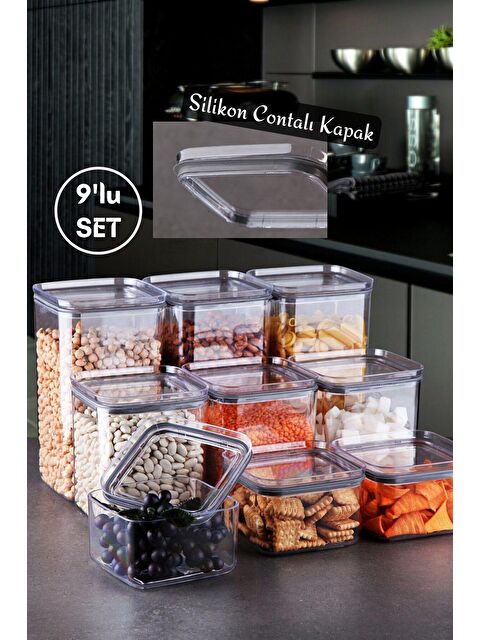 Nandy Home 9 Parça Sızdırmaz Kapak, Silikon Contalı Kare 0,5 Lt, 1 Lt & 1,5 Lt Saklama Kabı Seti - S000013163-23173