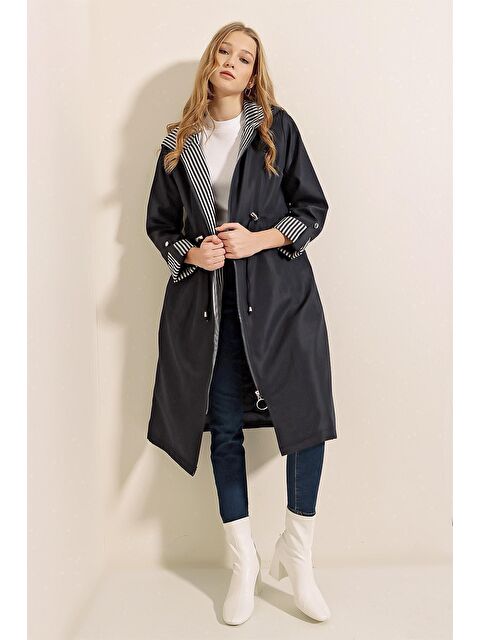 Bigdart 9091 Beli Büzgülü Kapüşonlu Trençkot - Lacivert - S000089751-21164