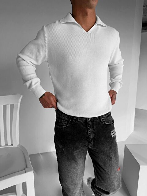 Abluka Online Erkek Polo V Yaka Slim Fit Basic Kazak Ekru - S000314963-19965