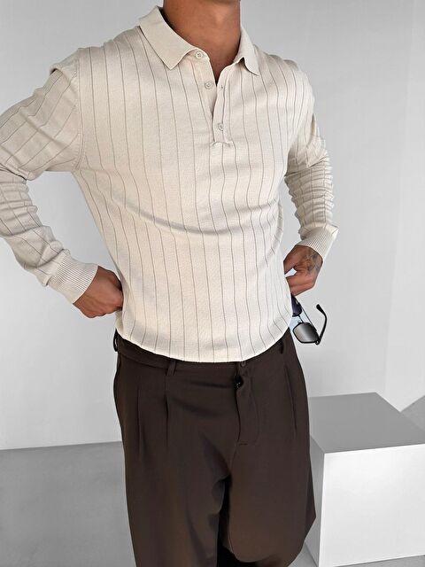 Abluka Online Erkek Polo Yaka Düğmeli Fitilli Triko Kazak Bej - S000272294-19928