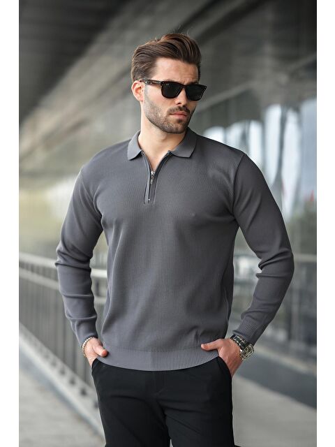 Madmext Antrasit Polo Yaka Fermuarlı Uzun Kollu Erkek Kazak 7240 - S000252653-29666